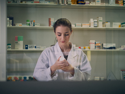 UNE student in white lab coat examines medication